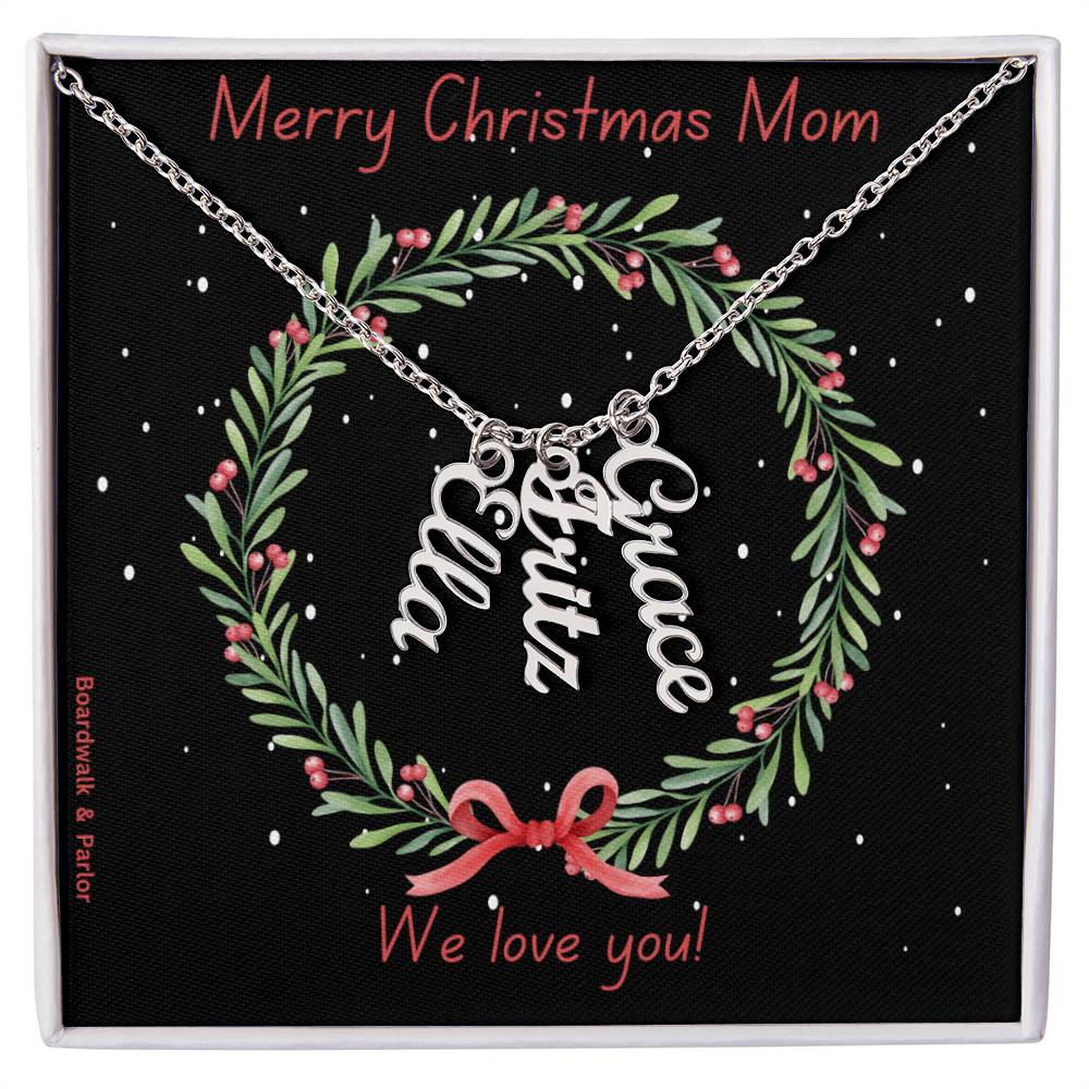 Mom will cherish this gift from her family...Your names around her neck! She will love it! Beautiful custom necklace that can feature up to 4 names. Special Christmas message inside box! "Merry Christmas Mom - We love you!"
