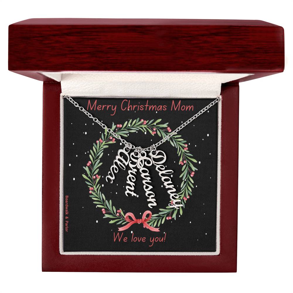 Mom will cherish this gift from her family...Your names around her neck! She will love it! Beautiful custom necklace that can feature up to 4 names. Special Christmas message inside box! "Merry Christmas Mom - We love you!"